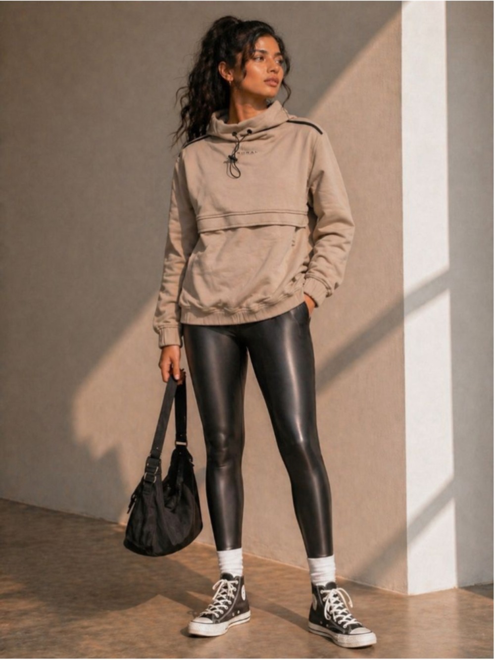 Women's Koral Beige Hooded Sweatshirt S with Black Accents